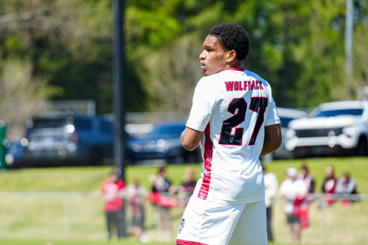 Redshirt sophomore defender Nakai Antoine looks for his teammates during the match against Virginia Tech at WakeMed Soccer Park on Saturday, March 28, 2026. NC State fell to Virginia Tech 1-0.
