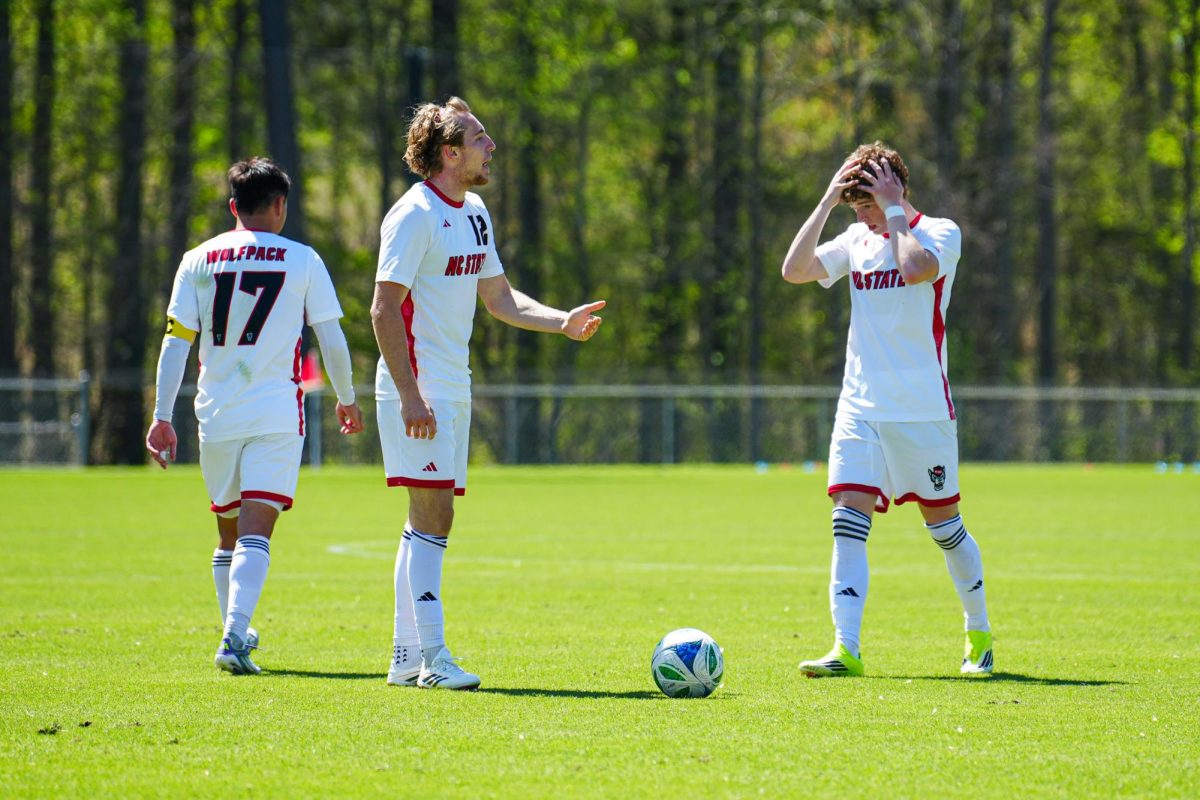 Senior midfielder Tyler Caton gestures while speaking to someone during the match against Virginia Tech at WakeMed Soccer Park on Saturday, March 28, 2026. NC State fell to Virginia Tech 1-0.