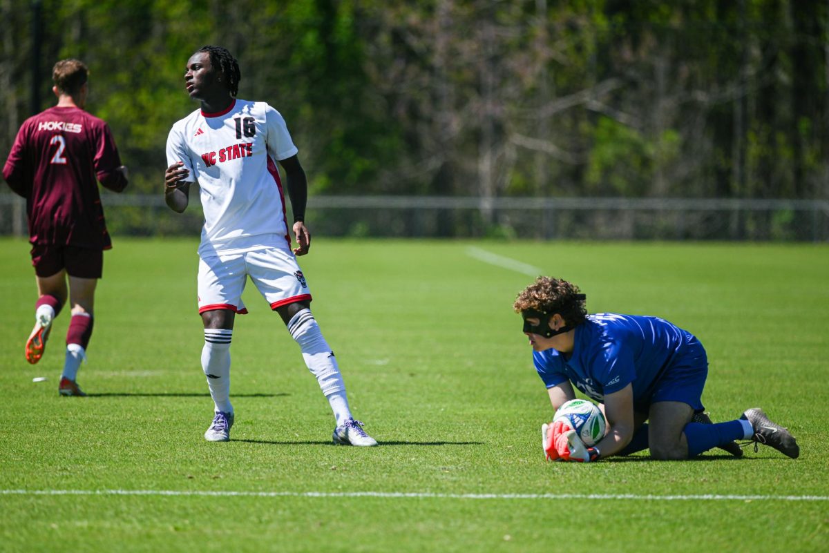 Sophomore forward Mohamed Kallon looks away during the match against Virginia Tech at WakeMed Soccer Park on Saturday, March 28, 2026. NC State fell to Virginia Tech 1-0.