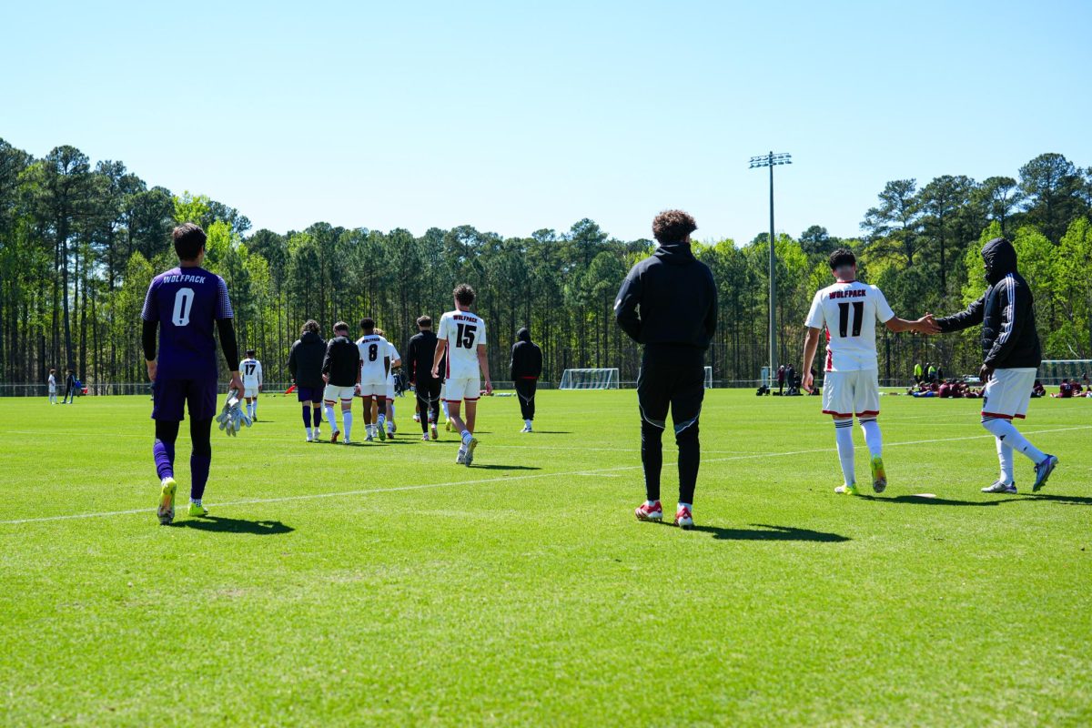 NC State walks off the field after the match against Virginia Tech at WakeMed Soccer Park on Saturday, March 28, 2026. NC State fell to Virginia Tech 1-0.