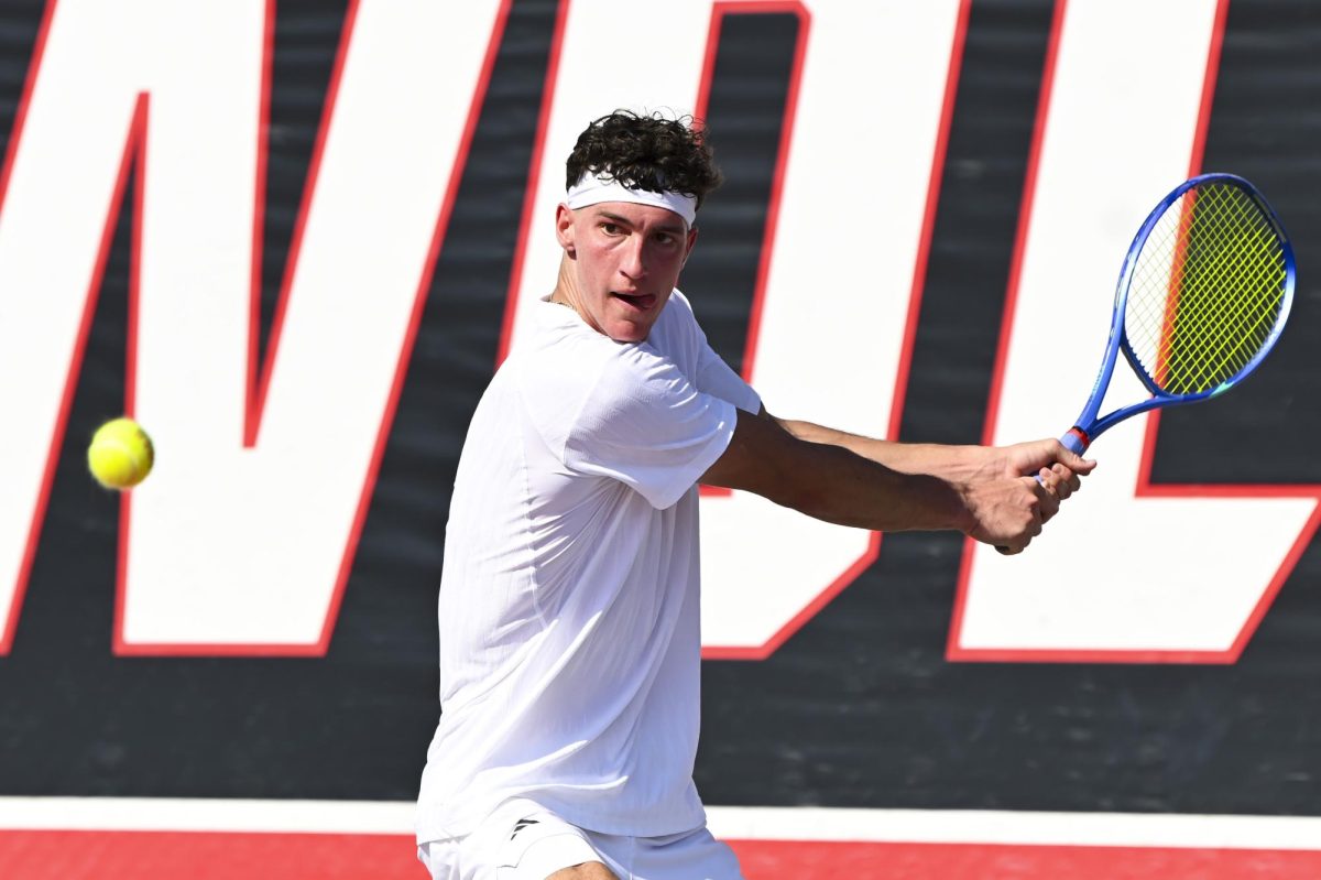 Redshirt sophomore William Manning prepares to return the ball during the match versus Clemson at J.W. Isenhour Tennis Center on Sunday, March 1, 2026. NC State beat Clemson 4-3.