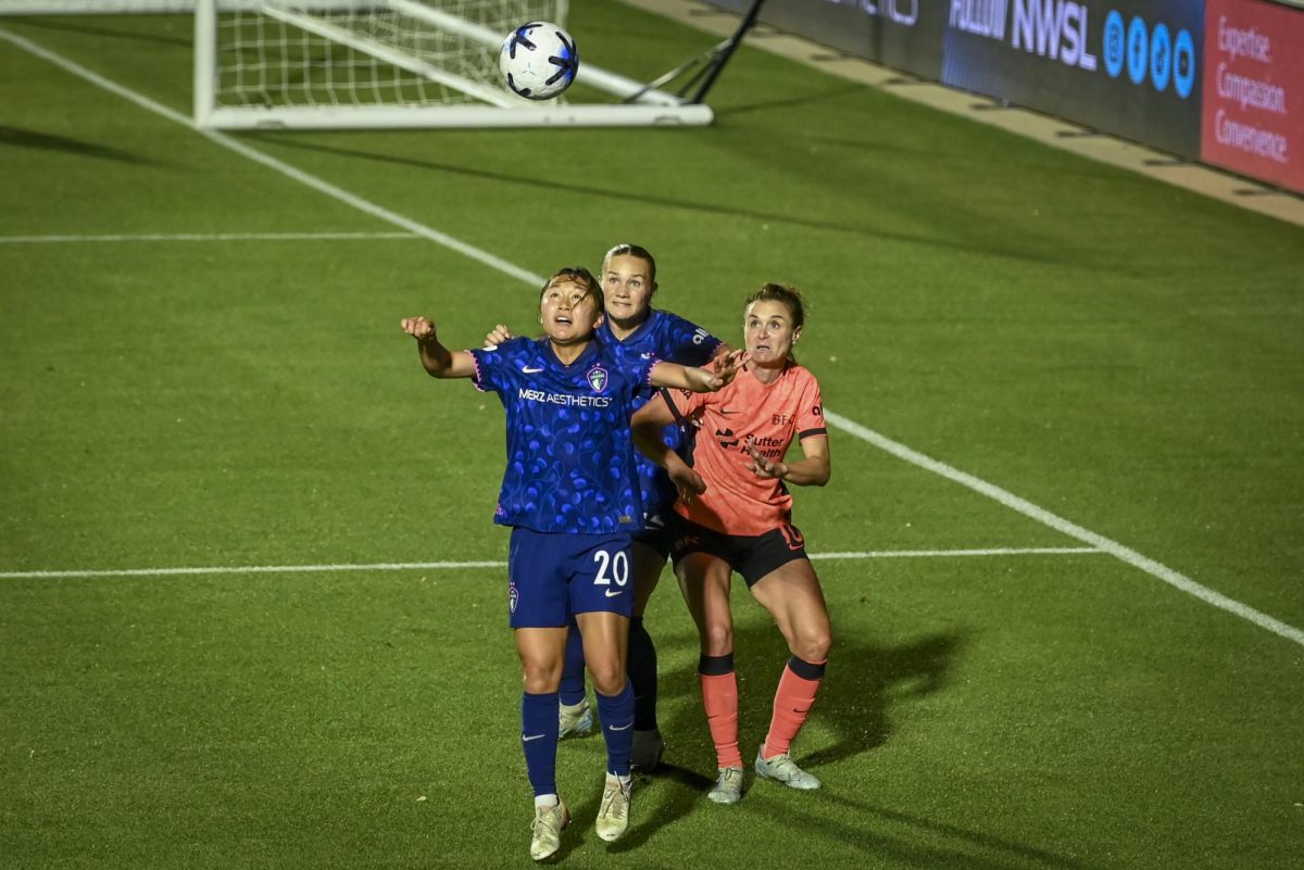 Midfielder Shinomi Koyama jumps to head the ball during the game between the North Carolina Courage and Bay Football Club in the First Horizon Stadium on Saturday, March 29, 2026. Bay FC defeated the Courage 3-1.
