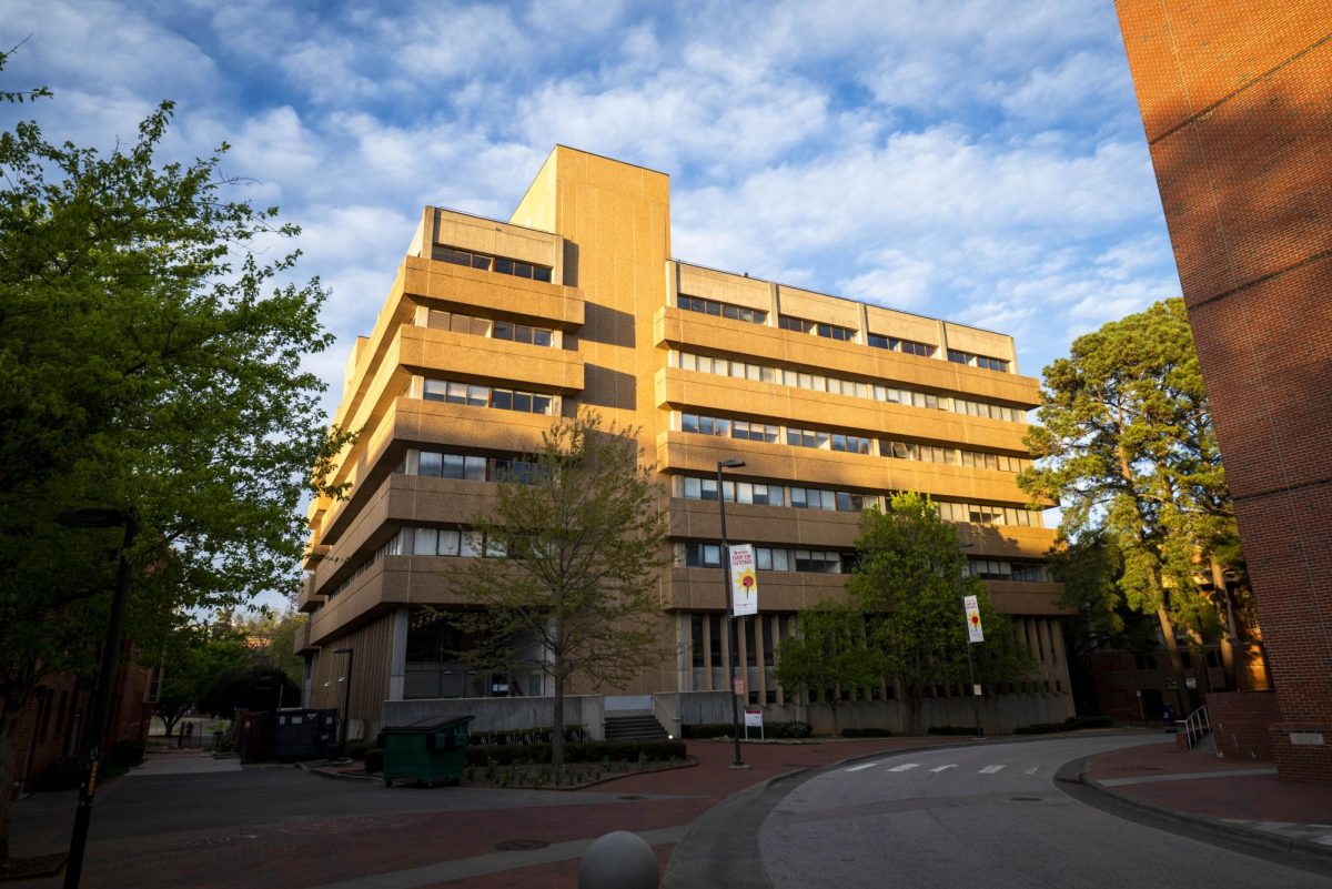 Street view of Poe Hall during sunset on Monday, March 23, 2026.