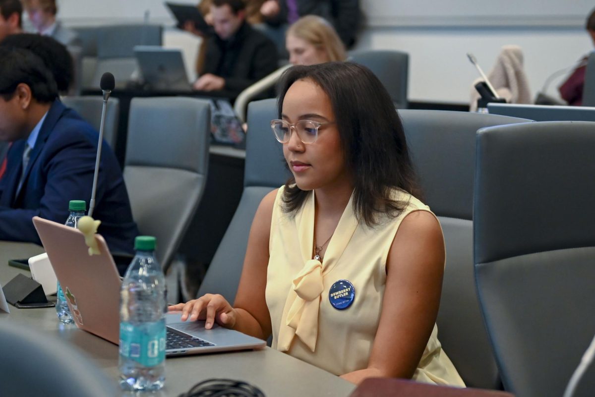 Ava Butler, a third-year studying higher education and candidate for Student Body Vice President prepares before the Student Government Debates in the SG Governance Chamber in Talley Student Union on Monday, March 2, 2026. 