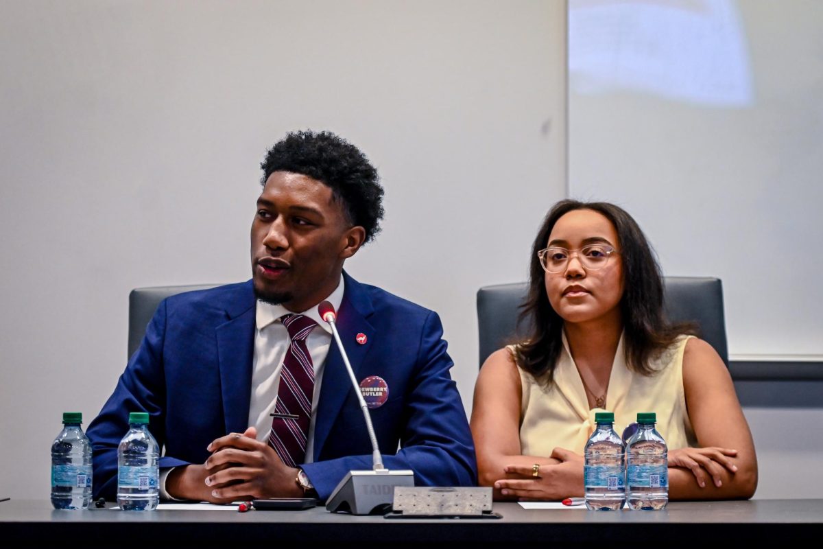 Taquan Dewberry, a third-year studying philosophy and applied education and candidate for Student Body President, speaks during the Student Government Debates in the SG Governance Chamber in Talley Student Union on Monday, March 2, 2026. 