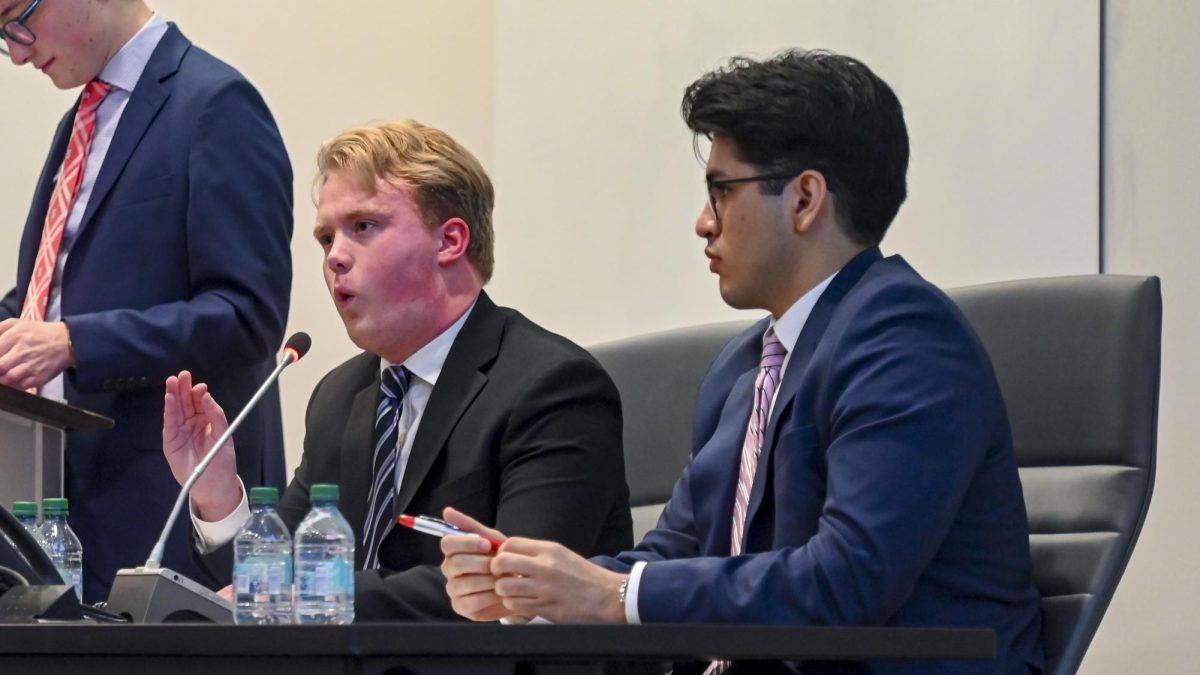 Zach Eddinger, a third-year studying political science and candidate for Student Body President, lays out his priorities for office during the Student Government Debates in the SG Governance Chamber in Talley Student Union on Monday, March 2, 2026. 