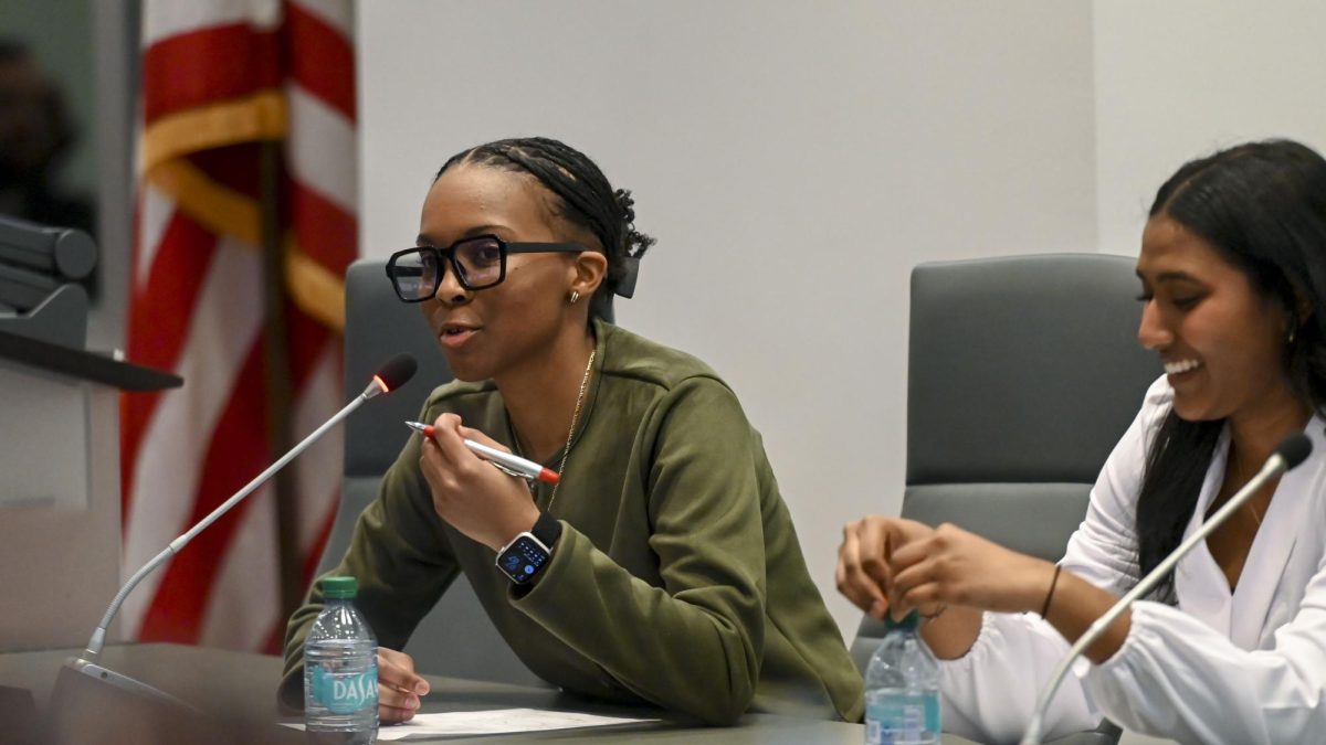 Mikiya Hedgepeth, a third-year studying political science and candidate for Student Treasure, delivers a rebuttal during the Student Government Debates in the SG Governance Chamber in Talley Student Union on Monday, March 2, 2026. 