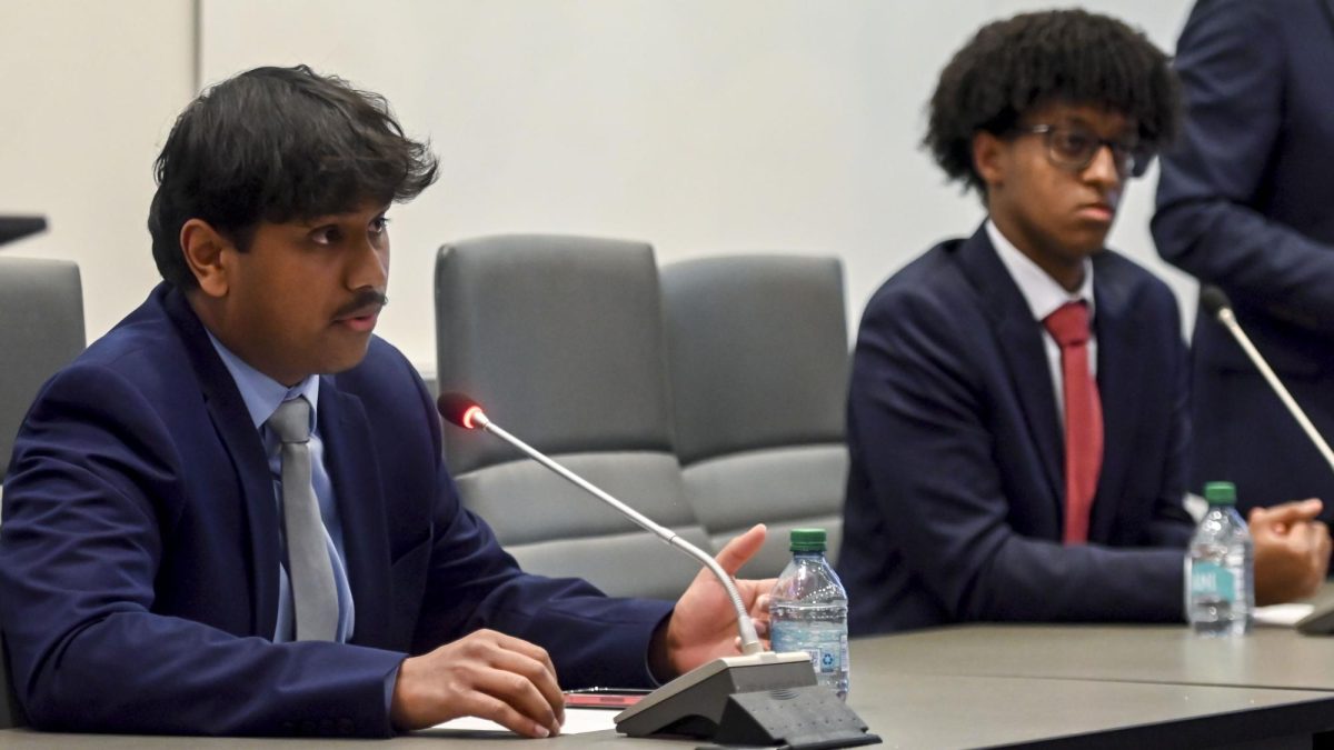 Lalith Nandula, a third-year studying chemistry and candidate for Student Senate President, emphasizes the importance of standards set for Senate President during the Student Government Debates in the SG Governance Chamber in Talley Student Union on Monday, March 2, 2026. 