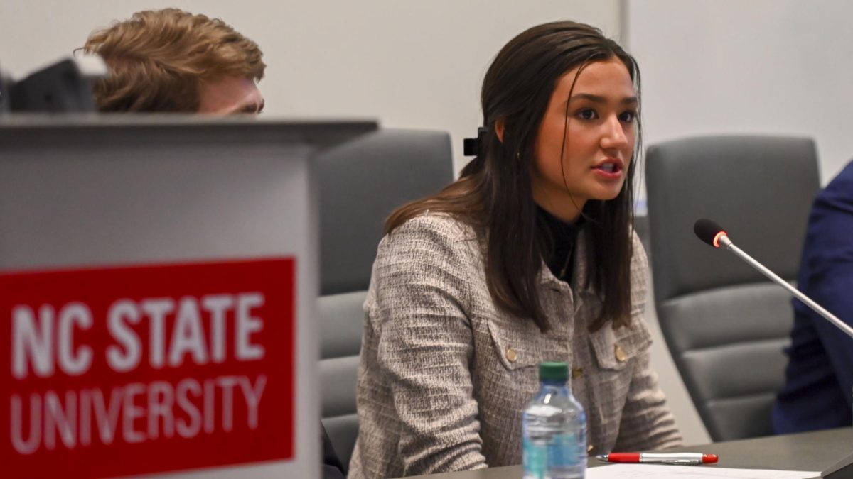 Hubbard Stack, a first-year in the College of Textiles and candidate for Student Body Vice President, explains her plan to prioritize advising for students during the Student Government Debates in the SG Governance Chamber in Talley Student Union on Monday, March 2, 2026. 