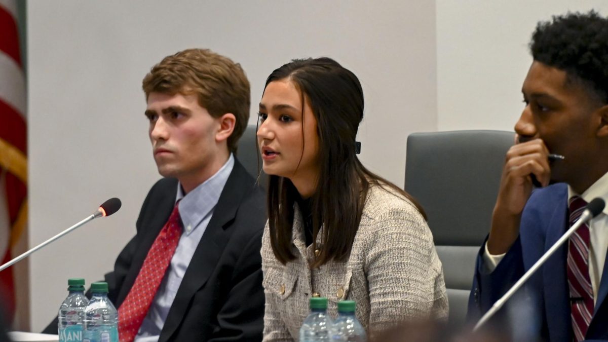 Hubbard Stack, a first-year in the College of Textiles and candidate for Student Body Vice President, answers a question on behalf of her running partner Knox Trask, a third-year studying agricultural business and candidate for Student Body President, during the Student Government Debates in the SG Governance Chamber in Talley Student Union on Monday, March 2, 2026. 