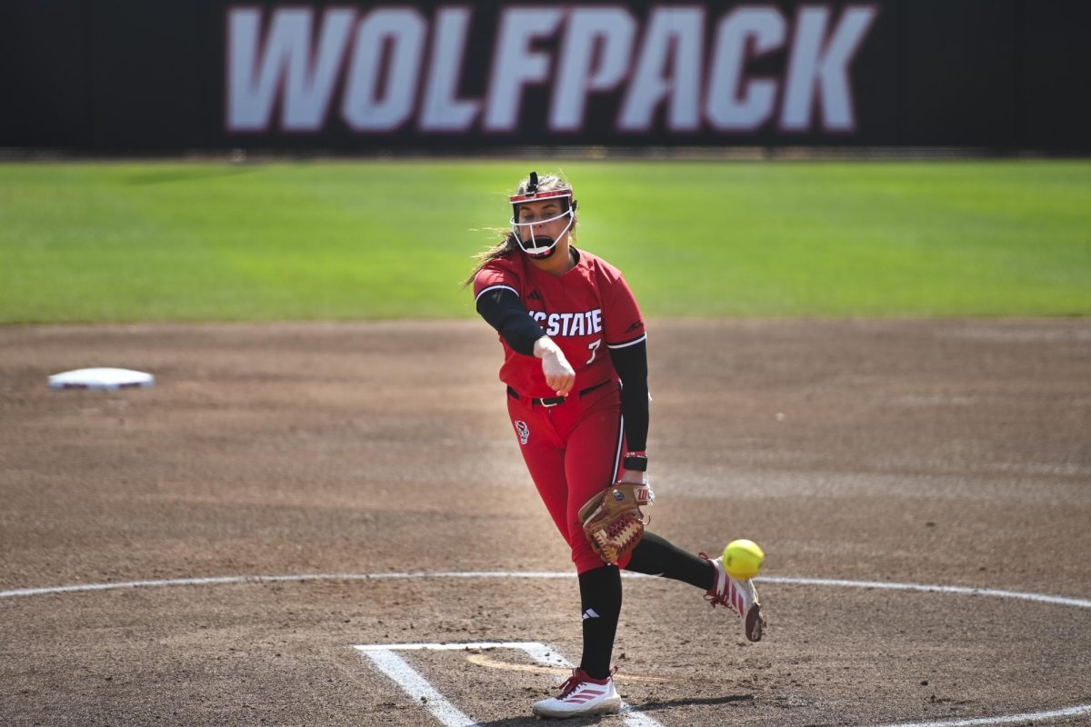 Redshirt Junior pitcher Wynne Gore throwing a pitch during the game against Loyola Chicago at Dail Softball Stadium on Sunday, March 1, 2026. Gore struck out three batters. NC State beat Loyola Chicago 8-1.