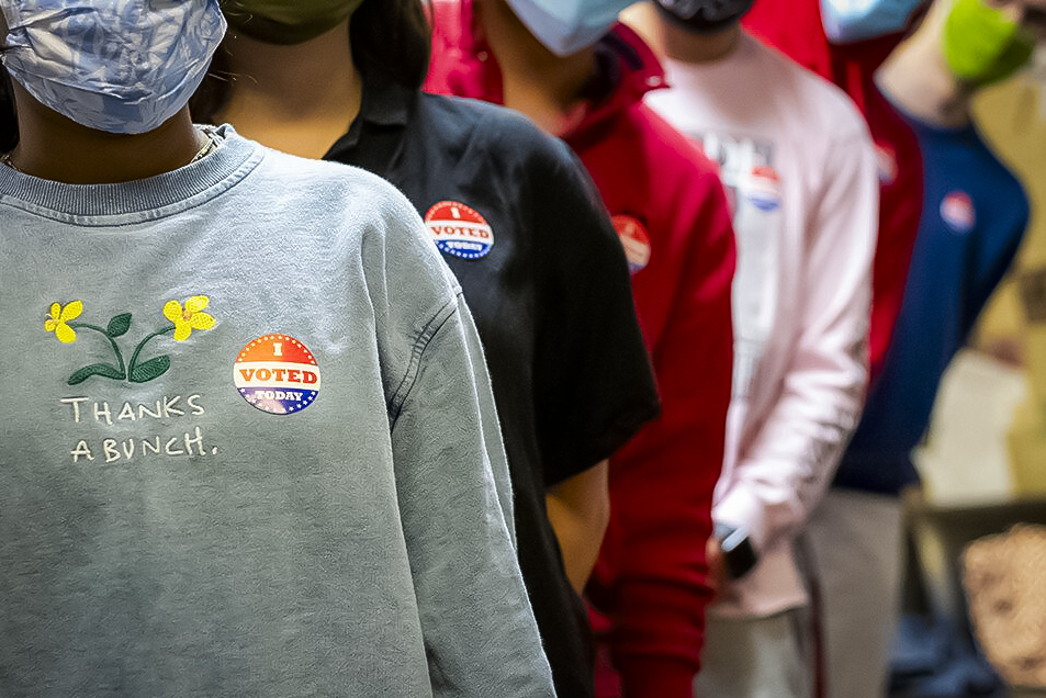 Students line up all wearing "I Voted Today" stickers in Witherspoon Student Center on Wednesday, Oct. 14, 2020.