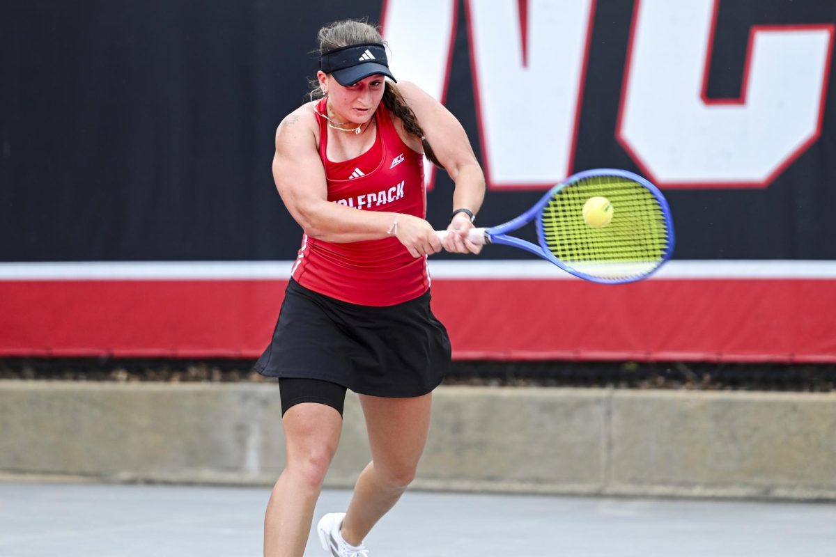 Sophomore Amelie Smejkalova connects with a backhand swing during the match against Boston College at Dail Outdoor Tennis Stadium on Friday, March 27, 2026. Smejkalova lost her singles match (6-4, 6-4). NC State defeated Boston College 6-1.
