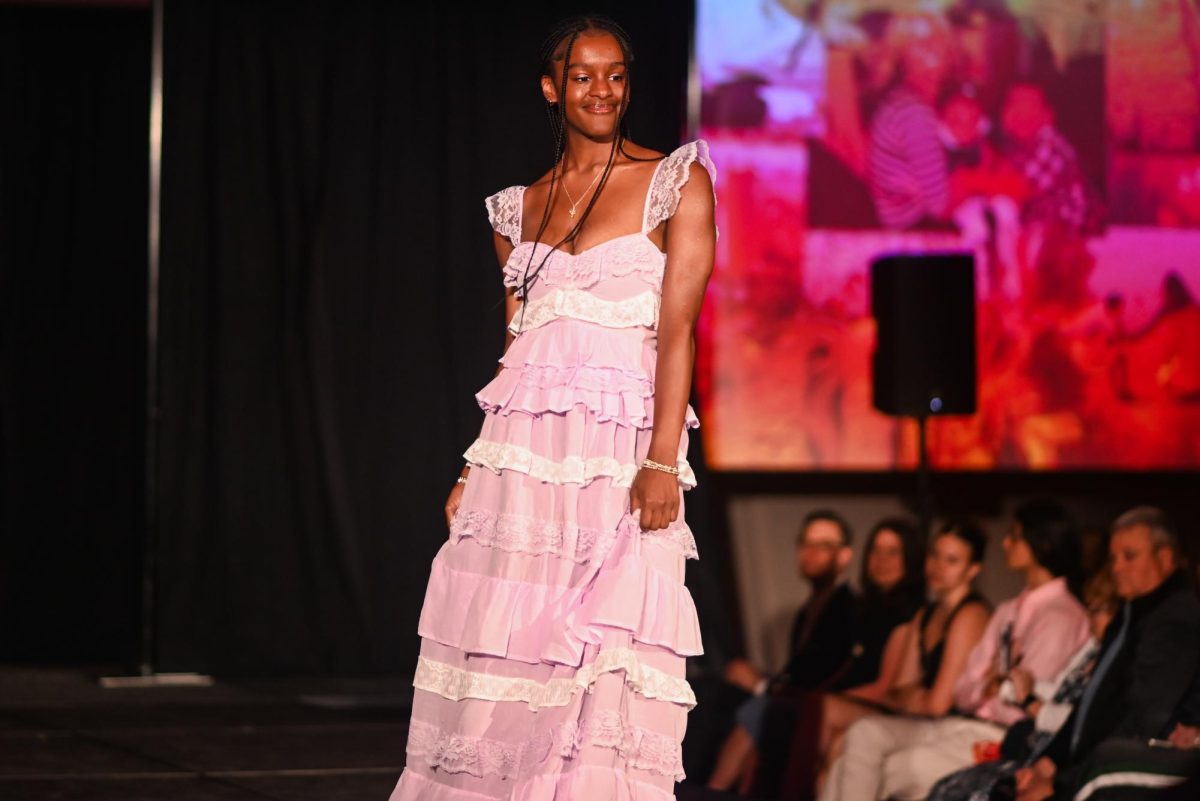 The model for Allie Albrecht, a second-year studying fashion and apparel design, displays her work during the African American Textile Society Fashion Exposé at Talley State Ballroom on Monday, April. 20, 2026. This was the African American Textile Society 28th Annual Fashion Exposé focusing on culture and Heritage. 