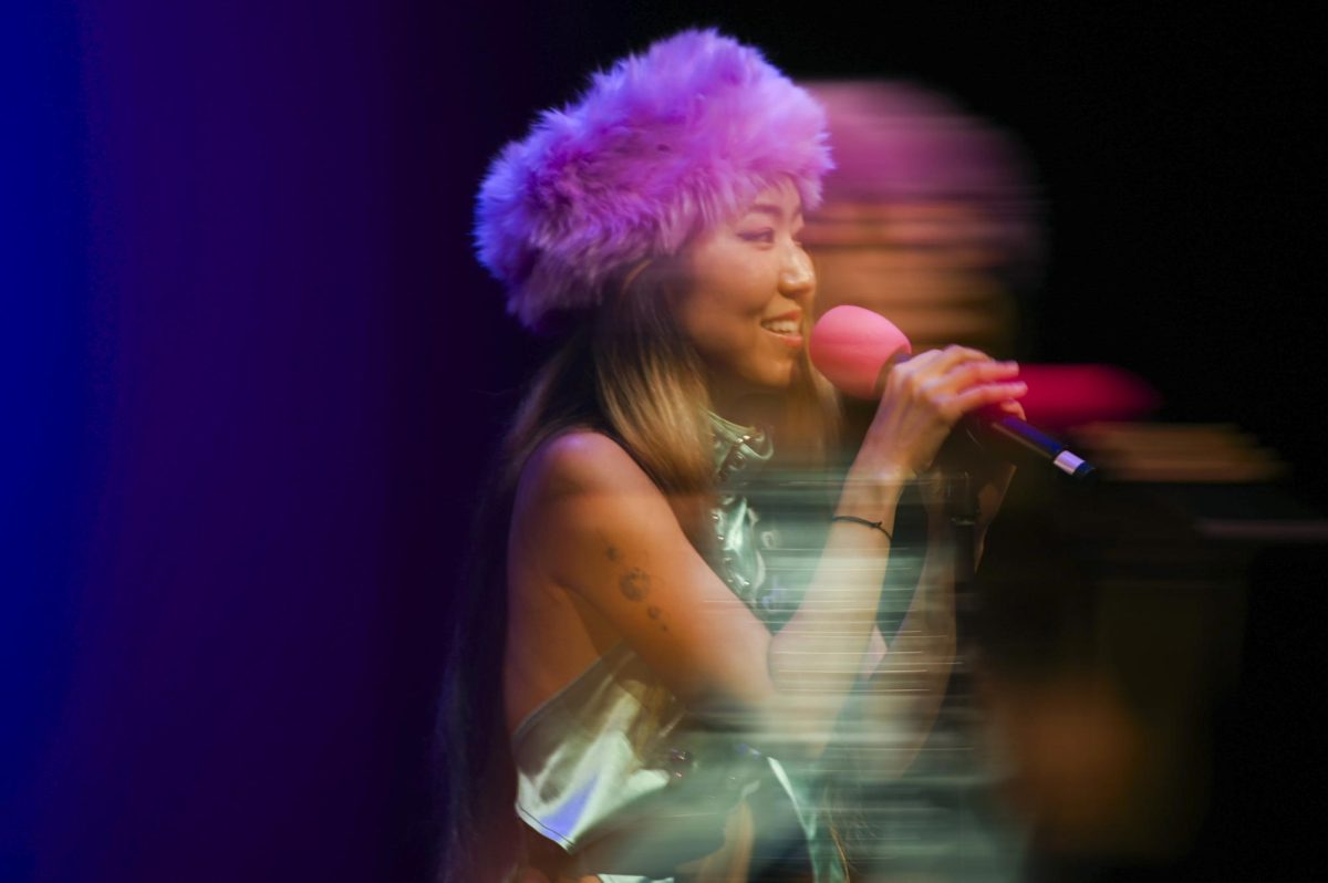 Multiple long exposure of space-pop artist Yoonha Verse singing at Asia Night, hosted by the ASA at Stewart Theater on Tuesday, March 31, 2026. Asia Night is an annual celebration of Asian culture, featuring dance performances from China, the Philippines, and India, as well as live music and a fashion showcase.