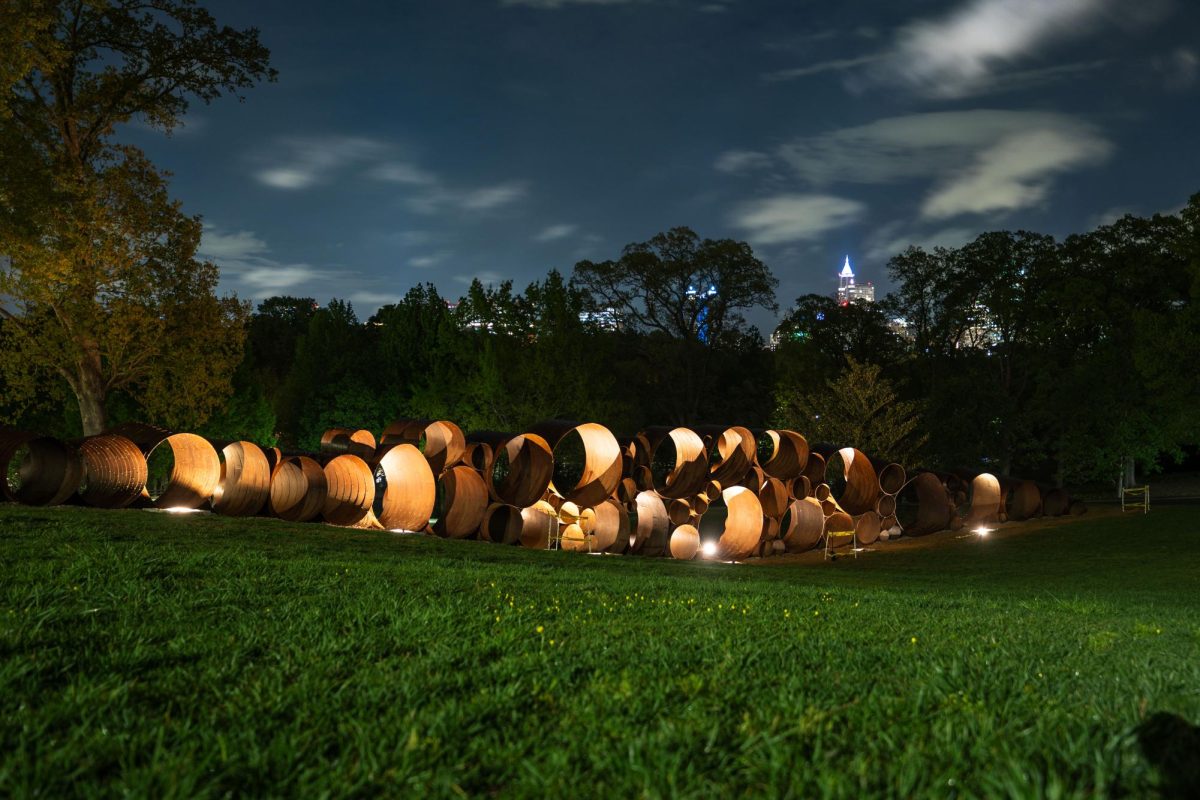 The large sculpture "Attun" sits peacefully as the night sky rolls past on April 5, 2026.  This sculpture was created by DeWitt Godfrey and is composed of 80 steel cylinders. 