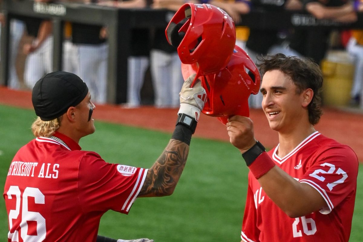 Sophomore outfielder TY Head and junior infielder Chris McHugh celebrate during the game against East Carolina at Clark–LeClair Stadium on Tuesday, April 15, 2026. Head and McHugh combine for two hits. NC State beat ECU 10-3.