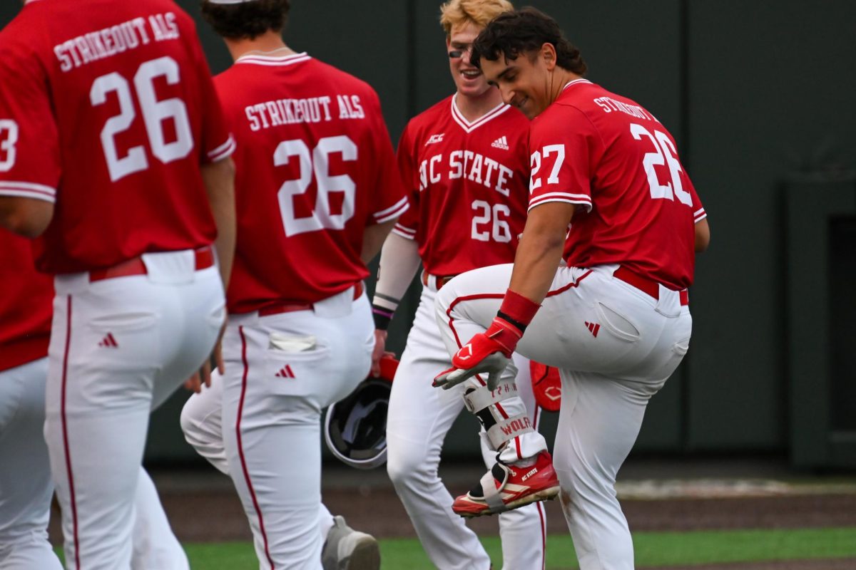 Junior infielder Chris McHugh celebrates during the game against East Carolina at Doak field at Dail park on Tuesday, April 28, 2026. McHugh went two for five with a homerun. NC State beat ECU 12-2.