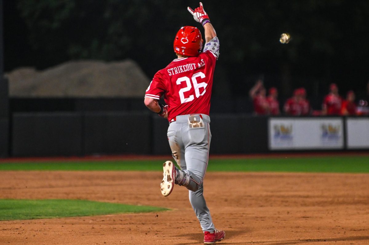 Junior infielder Luke Nixon celebrates during the game against East Carolina at Clark–LeClair Stadium on Tuesday, April 15, 2026. Nixon went two for five with a homerun. NC State beat ECU 10-3.