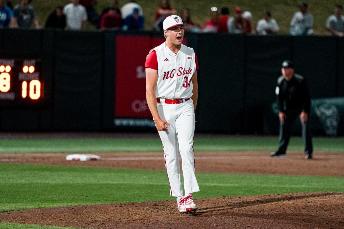 Sophomore right-handed pitcher Anderson Nance yells after getting a strikeout during the game against Duke at Doak Field at Dail Park on Friday, April 10, 2026. The Wolfpack beat the Blue Devils 10-4.