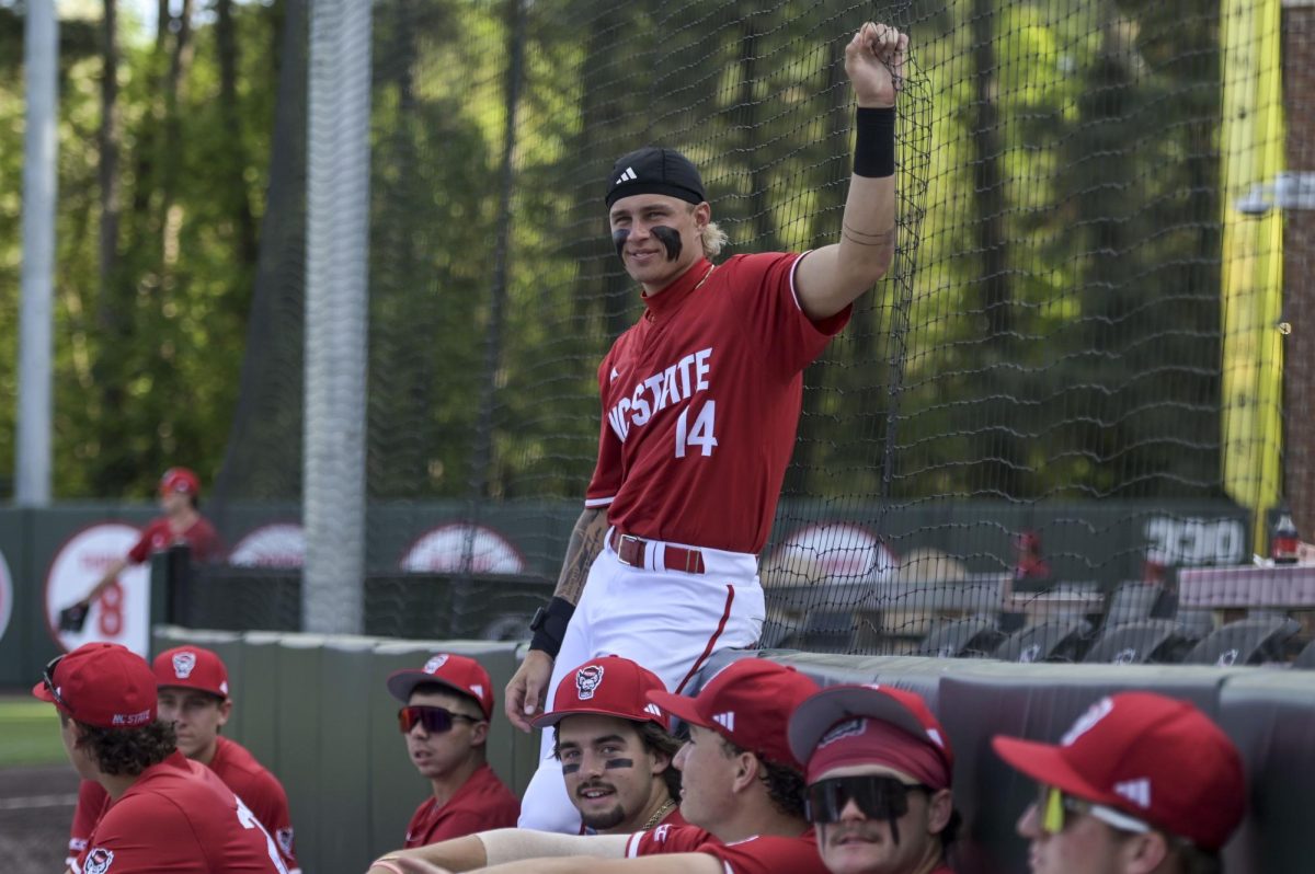 Sophomore outfielder Ty Head and teammates take a seat during warmups before the game against Notre Dame at Doak Field at Dail Park on Thursday, April 4, 2026. NC State defeated Notre Dame 7-3.