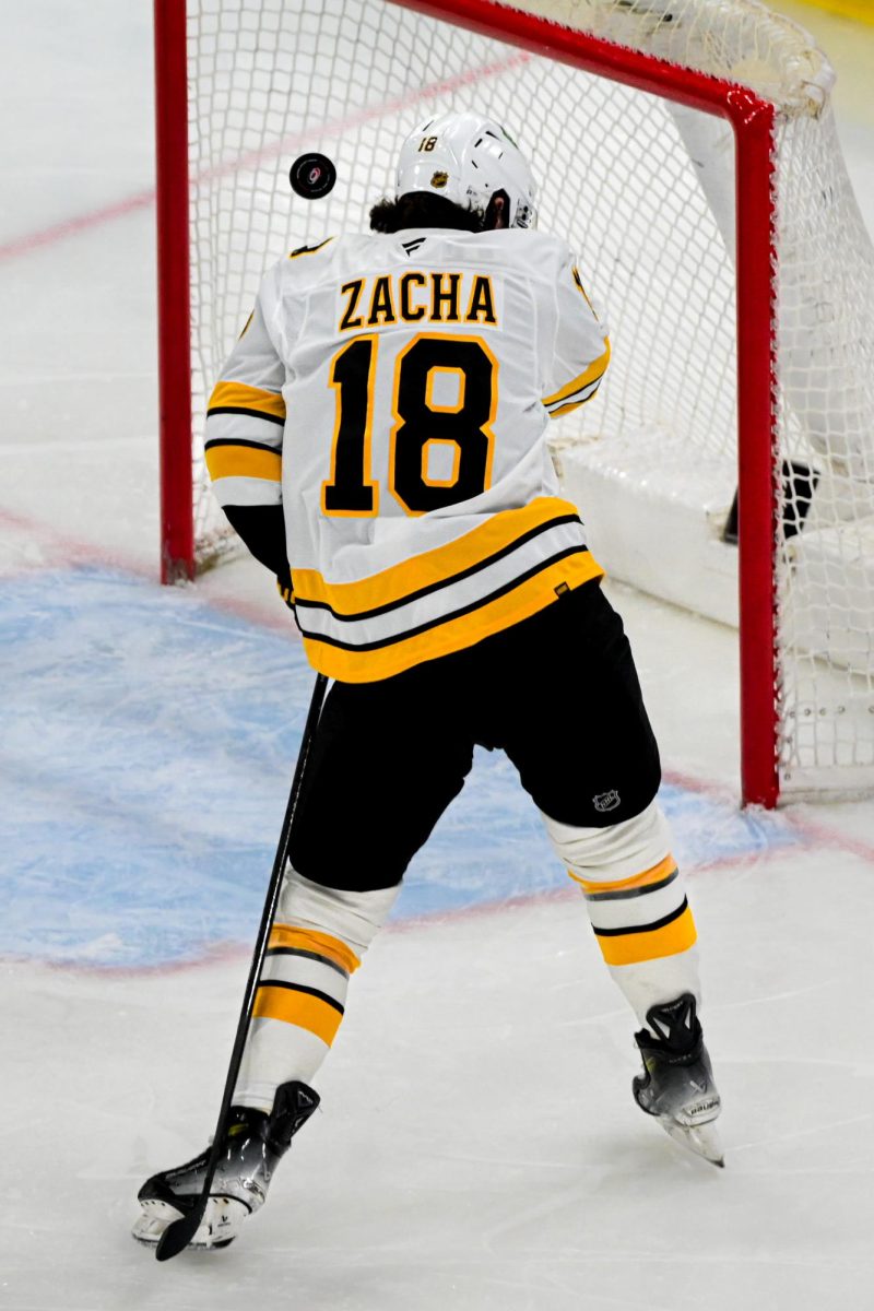 Boston center Pavel Zacha gets hit with a puck whilst trying to redirect a shot during the game versus the Carolina Hurricanes at the Lenovo Center on Tuesday, April 7, 2026. Zacha had one goal. The Canes defeated the Bruins in OT 6-5.