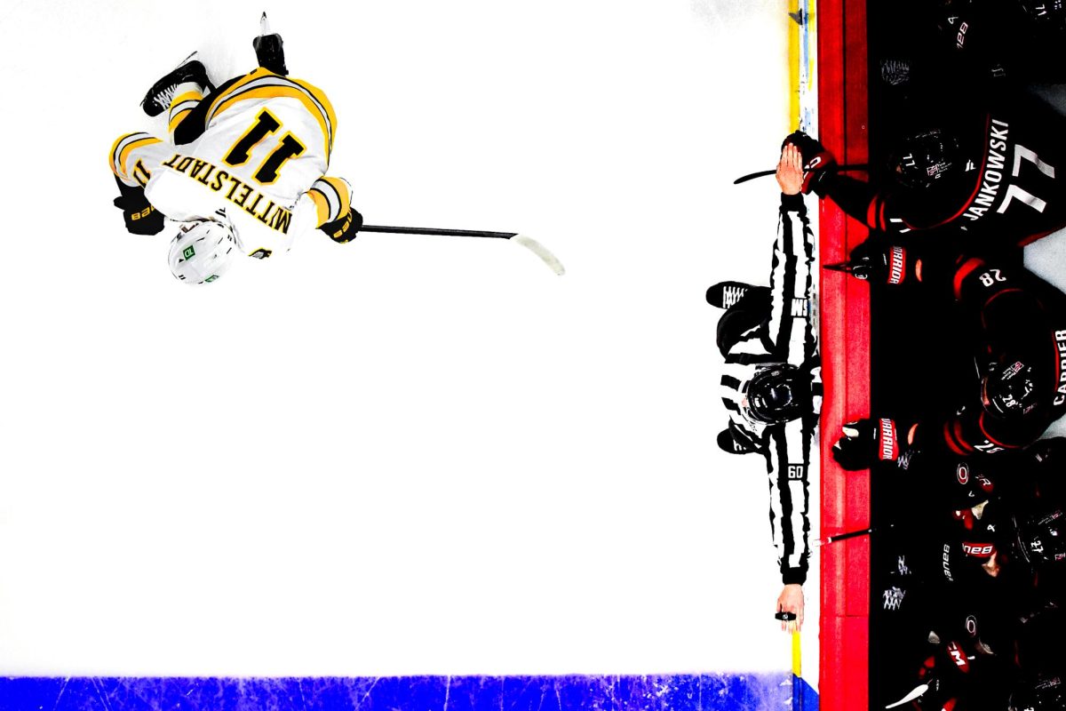 Birds-eye view of an official signaling a washout during the game versus the Boston Bruins at the Lenovo Center on Tuesday, April 7, 2026.  The Canes defeated the Bruins in OT 6-5.