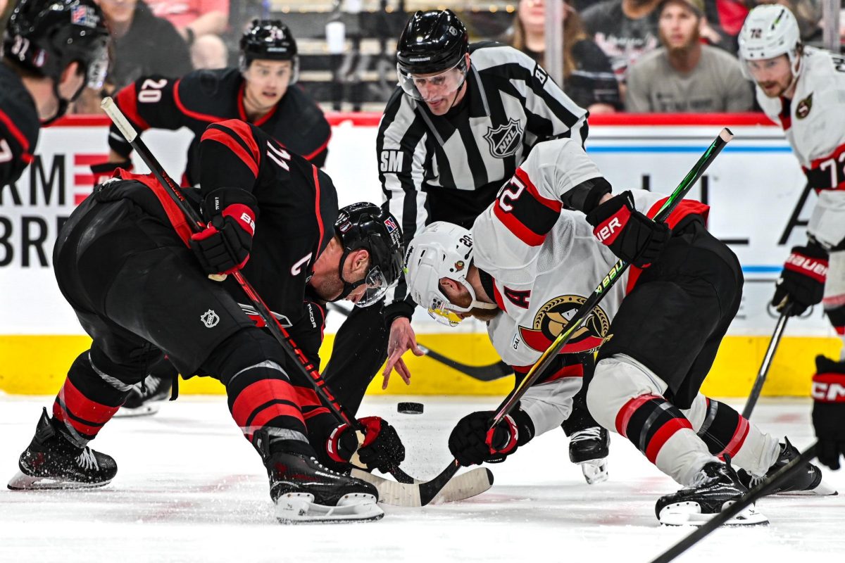 Canes center Jordan Staal and Senators right wing Claude Giroux face off in Game One of the Eastern Conference Playoffs at the Lenovo Center on Saturday, April. 18, 2026. The Hurricanes defeated the Senators 2-0.