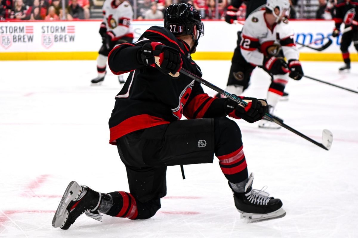 Left wing Nikolaj Ehlers shoots the puck in Game One of the Eastern Conference Playoffs against the Ottawa Senators at the Lenovo Center on Saturday, April. 18, 2026. The Hurricanes defeated the Senators 2-0.