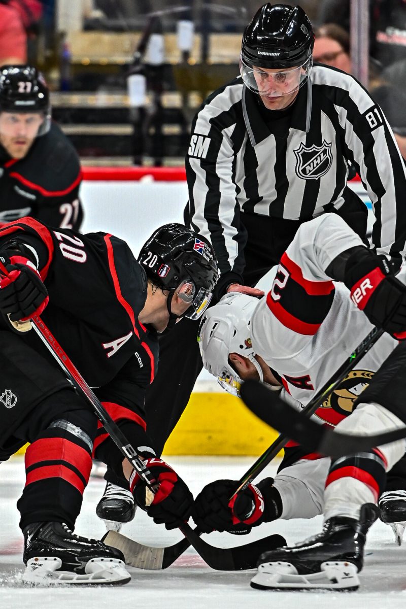 Face-off symmetry in Game One of the Eastern Conference Playoffs against the Ottawa Senators at the Lenovo Center on Saturday, April. 18, 2026. The Hurricanes defeated the Senators 2-0.