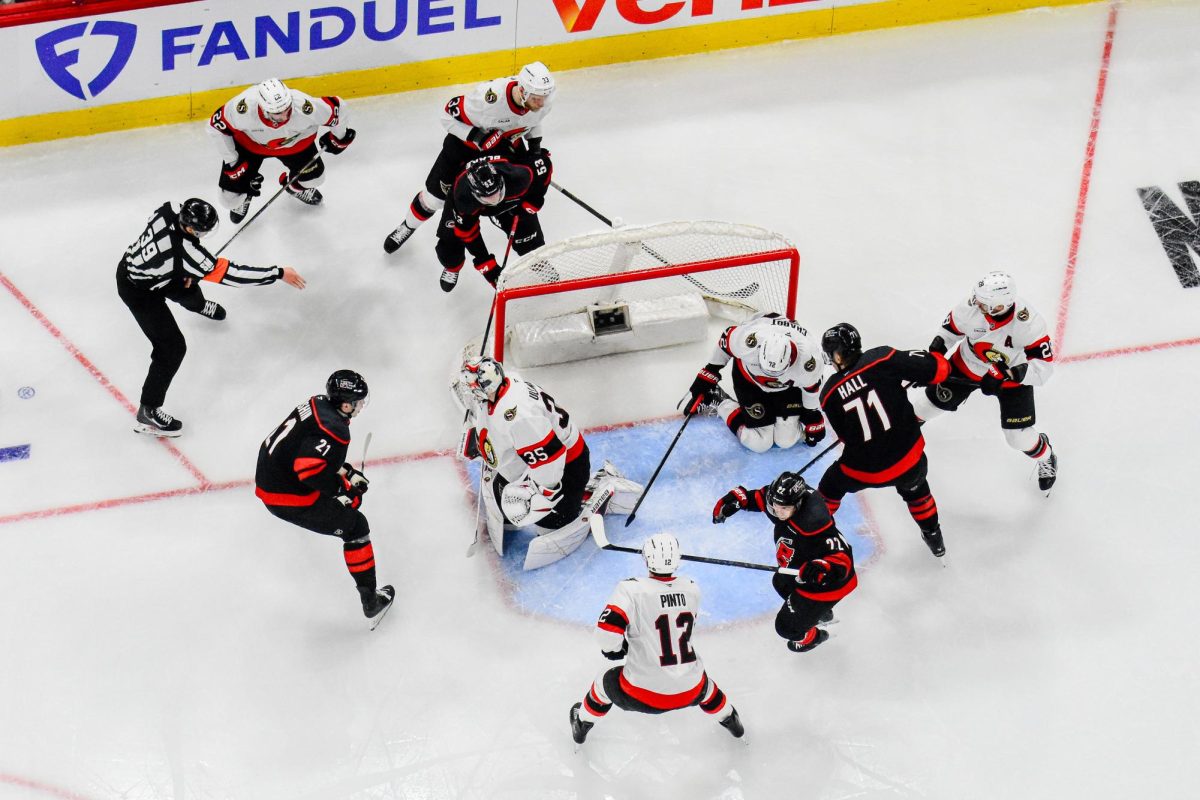 Birdseye-view of left wing Taylor Hall scoring the second goal of Game One of the Eastern Conference Playoffs against the Ottawa Senators at the Lenovo Center on Saturday, April. 18, 2026. The Hurricanes defeated the Senators 2-0.