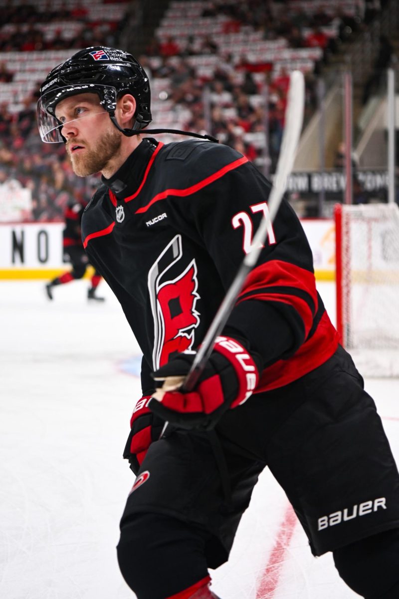Left wing Nikolaj Ehlers glances at the crowd during warm ups before Game One of the Eastern Conference Playoffs against the Ottawa Senators at the Lenovo Center on Saturday, April. 18, 2026. Ehlers had four hits. The Hurricanes defeated the Senators 2-0.