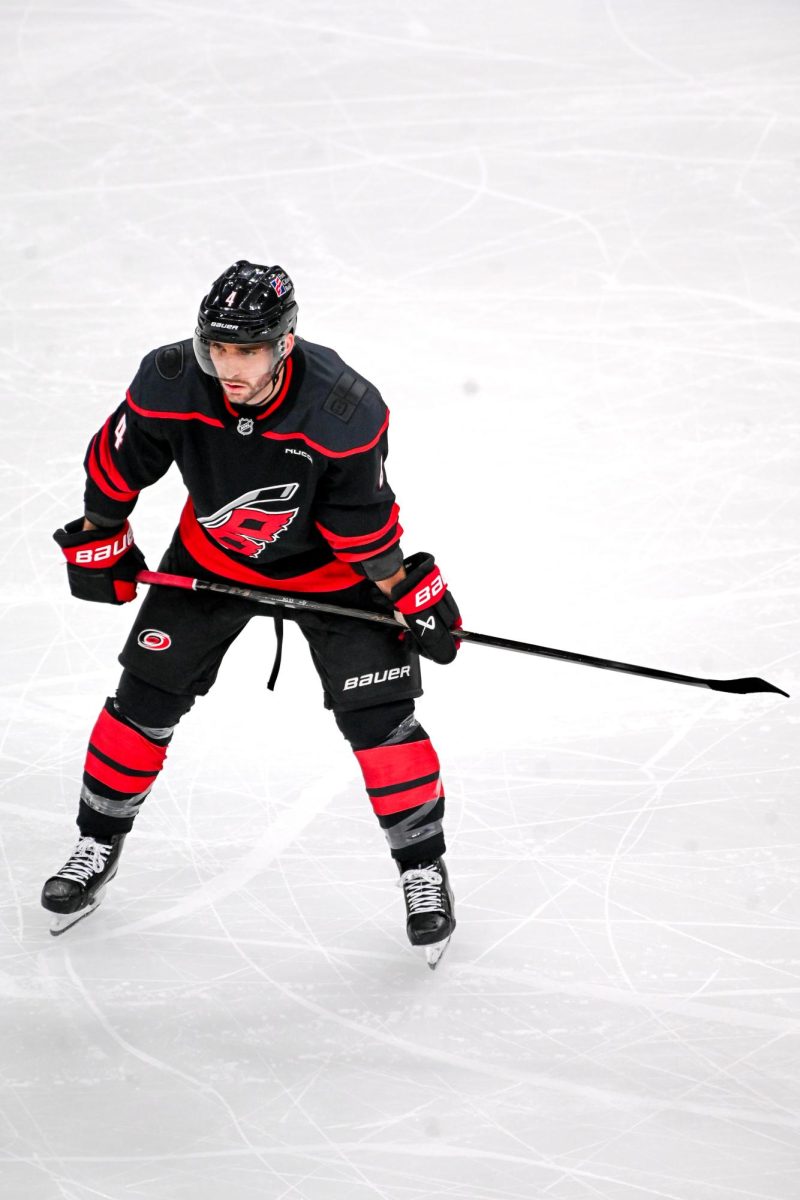 Defenseman Shayne Gostisbehere prepares for a face off during Game One of the Eastern Conference Playoffs against the Ottawa Senators at the Lenovo Center on Saturday, April. 18, 2026.  The Hurricanes defeated the Senators 2-0.