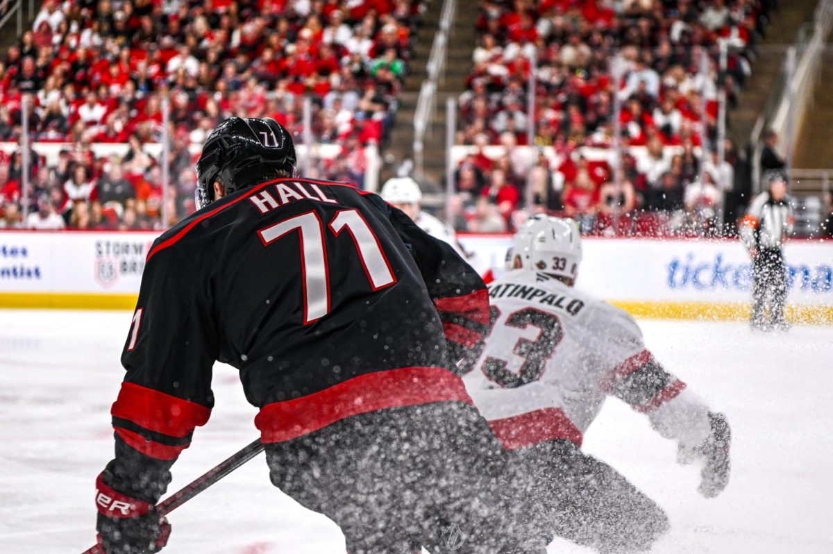 Left wing Taylor Hall makes a quick turnaround in Game One of the Eastern Conference Playoffs against the Ottawa Senators at the Lenovo Center on Saturday, April. 18, 2026. The Hurricanes defeated the Senators 2-0.