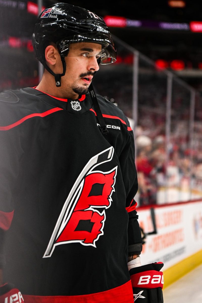 Center Seth Jarvis looks out on the ice before Game One of the Eastern Conference Playoffs against the Ottawa Senators at the Lenovo Center on Saturday, April. 18, 2026.  The Hurricanes defeated the Senators 2-0.