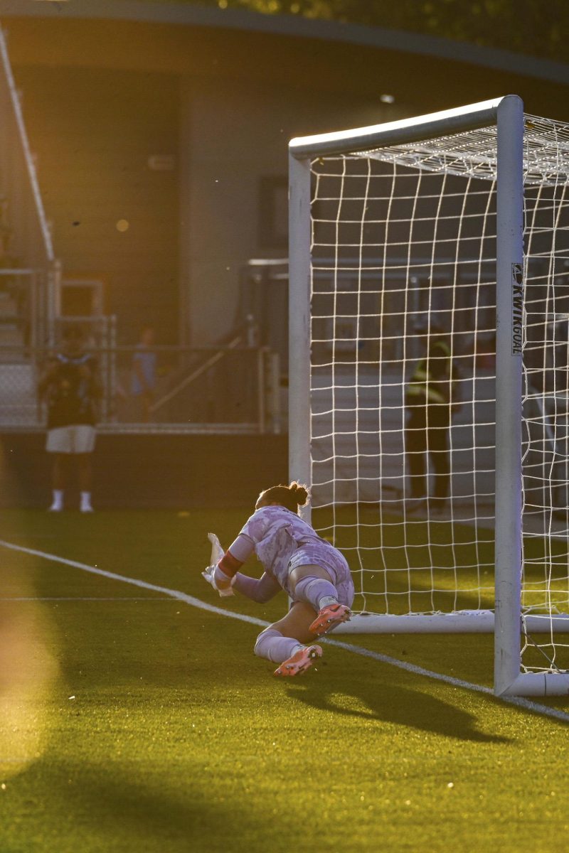 Goalkeeper Kailen Sheridan dives to block a goal during the game versus the Portland Thorns at the WakeMed Soccer Park on Saturday, April. 4, 2026. The NC Courage drew the Portland Thorns 2-2.