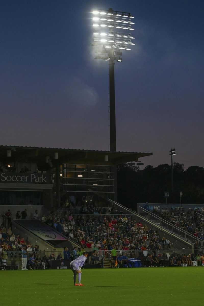 Goalkeeper Kailen Sheridan from afar during the game versus the Portland Thorns at the WakeMed Soccer Park on Saturday, April. 4, 2026. The NC Courage drew the Portland Thorns 2-2.