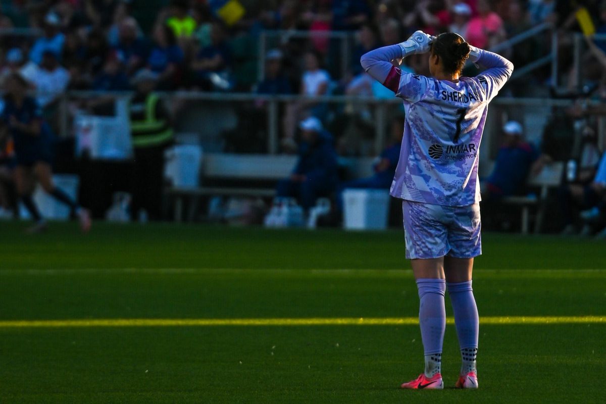 Goalkeeper Kailen Sheridan watches the play happening on the other end of the field during the game versus the Portland Thorns at the WakeMed Soccer Park on Saturday, April. 4, 2026. The NC Courage drew the Portland Thorns 2-2.