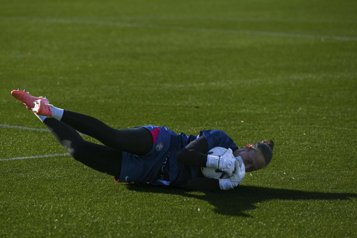 Goalkeeper Kailen Sheridan blocks a goal during warm-ups before the game versus the Portland Thorns at the WakeMed Soccer Park on Saturday, April. 4, 2026. The NC Courage drew the Portland Thorns 2-2.