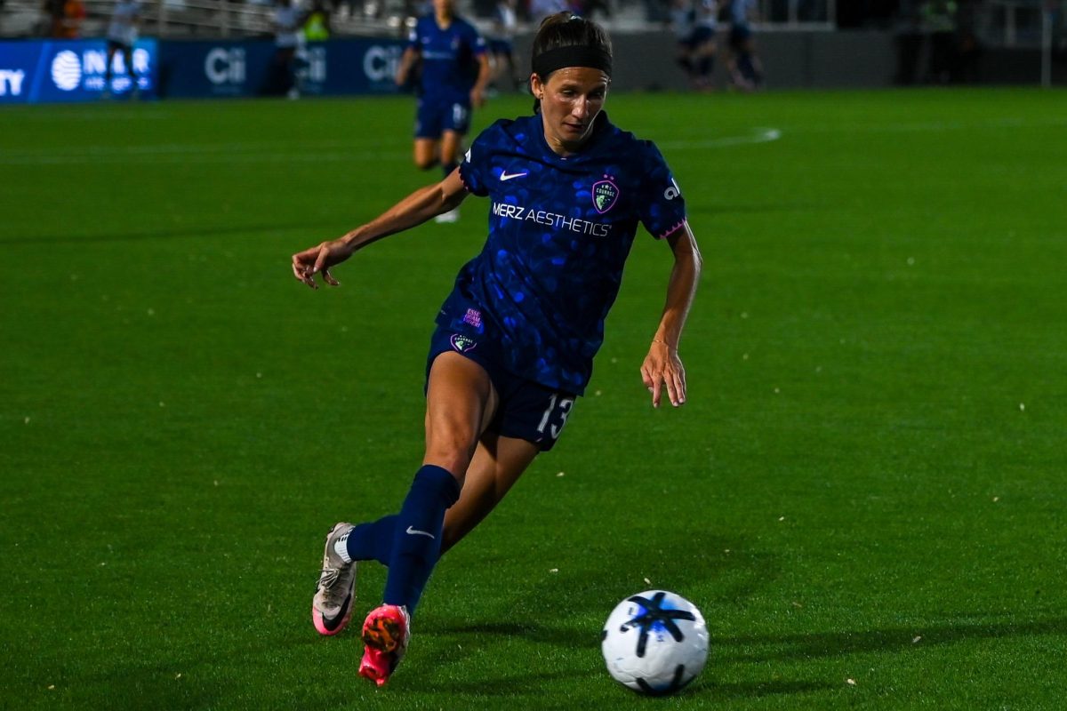Defender Ryan Williams gains possession of the ball during the game versus the Portland Thorns at the WakeMed Soccer Park on Saturday, April. 4, 2026. The NC Courage drew the Portland Thorns 2-2.
