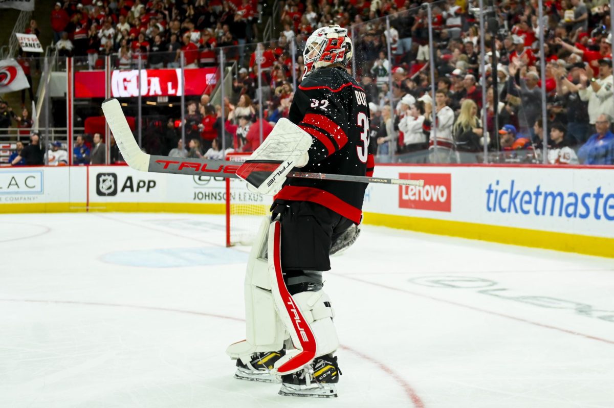 Goalie Brandon Bussi takes a lap after a goal by the Hurricanes during the game versus the New York Islanders at the Lenovo Center on Saturday, April 4, 2026. The Hurricanes beat the Islanders 4-3.