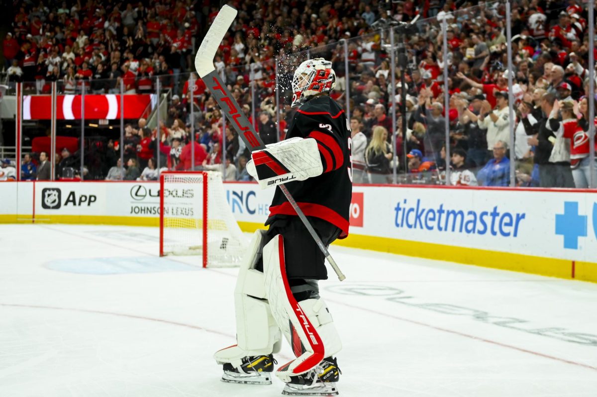 Goalie Brandon Bussi takes a lap after a goal by the Hurricanes during the game versus the New York Islanders at the Lenovo Center on Saturday, April 4, 2026. The Hurricanes beat the Islanders 4-3.