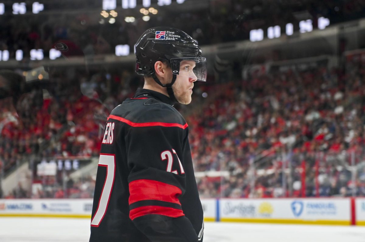 Left wing Nikolaj Ehlers waits for the puck drop  during the game versus the New York Islanders at the Lenovo Center on Saturday, April 4, 2026. The Hurricanes beat the Islanders 4-3.