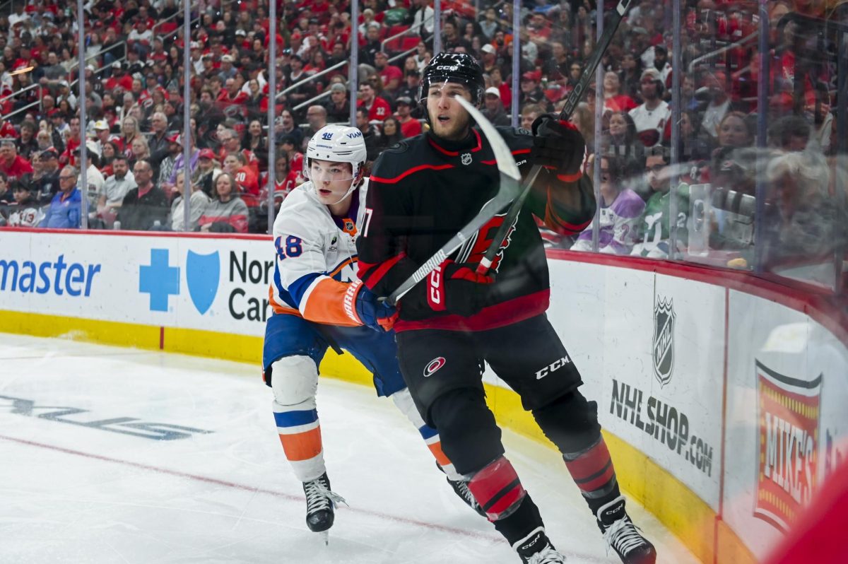 Left wing Mark Jankowski watches the puck during the game versus the New York Islanders at the Lenovo Center on Saturday, April 4, 2026. The Hurricanes beat the Islanders 4-3.