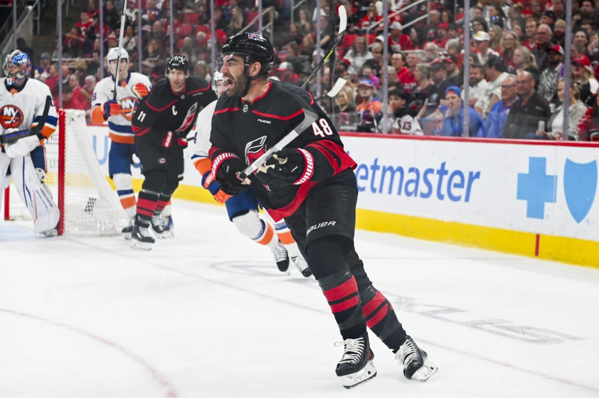 Left wing Jordan Martinook races for the puck  during the game versus the New York Islanders at the Lenovo Center on Saturday, April 4, 2026. The Hurricanes beat the Islanders 4-3.