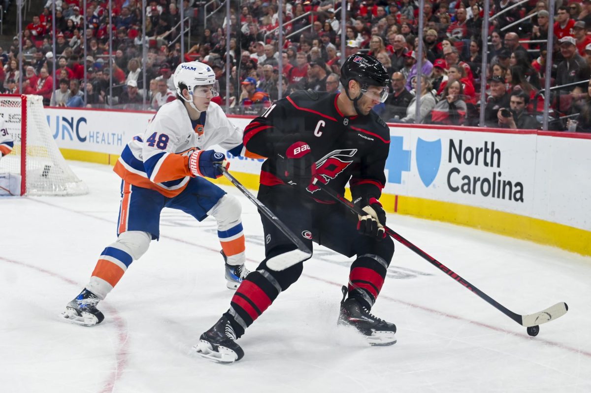 Center Jordan Staal gets control of the puck during the game versus the New York Islanders at the Lenovo Center on Saturday, April 4, 2026. The Hurricanes beat the Islanders 4-3.
