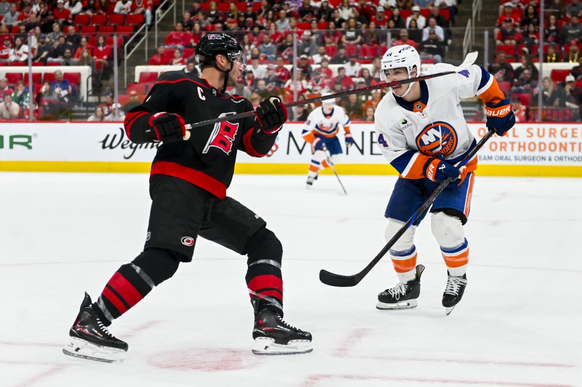 Center Jordan Staal guards an opponent during the game versus the New York Islanders at the Lenovo Center on Saturday, April 4, 2026. The Hurricanes beat the Islanders 4-3.
