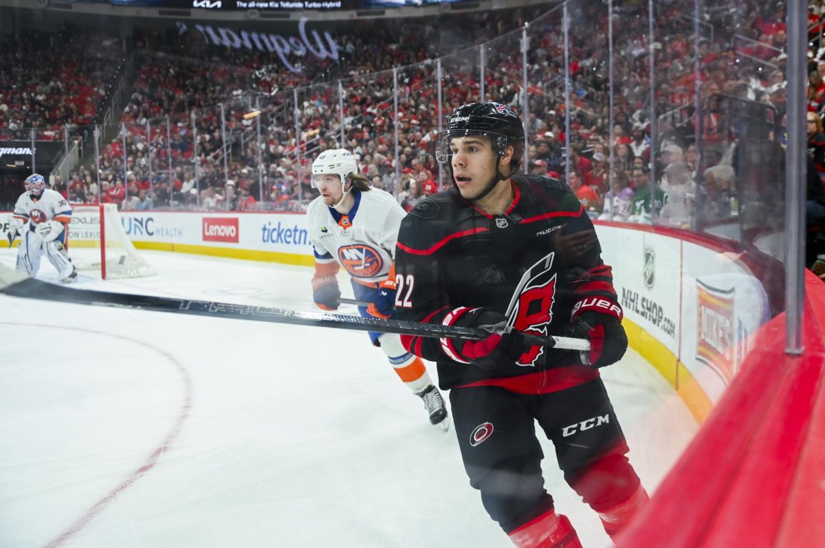 Center Logan Stankoven watches the puck during the game versus the New York Islanders at the Lenovo Center on Saturday, April 4, 2026. The Hurricanes beat the Islanders 4-3.