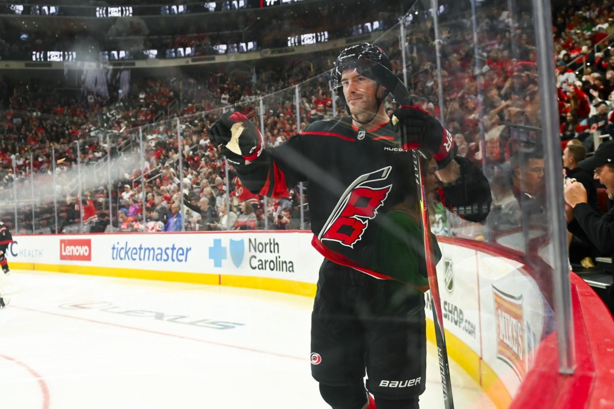 Right wing Andrei Svechnikov celebrates a goal by center Seth Jarvis during the game versus the New York Islanders at the Lenovo Center on Saturday, April 4, 2026. Jarvis scored two goals for the Hurricanes. The Hurricanes beat the Islanders 4-3.