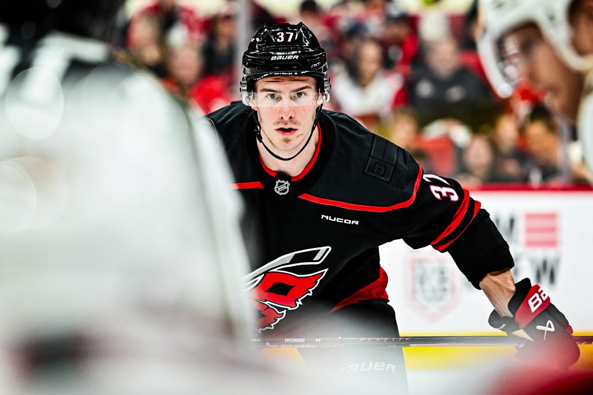 Right-wing Andrei Svechnikov prepares for a faceoff during Game One of the Eastern Conference Playoffs against the Ottawa Senators in the Lenovo Center on Saturday, April 18, 2026. The Hurricanes defeated the Senators 2-0.